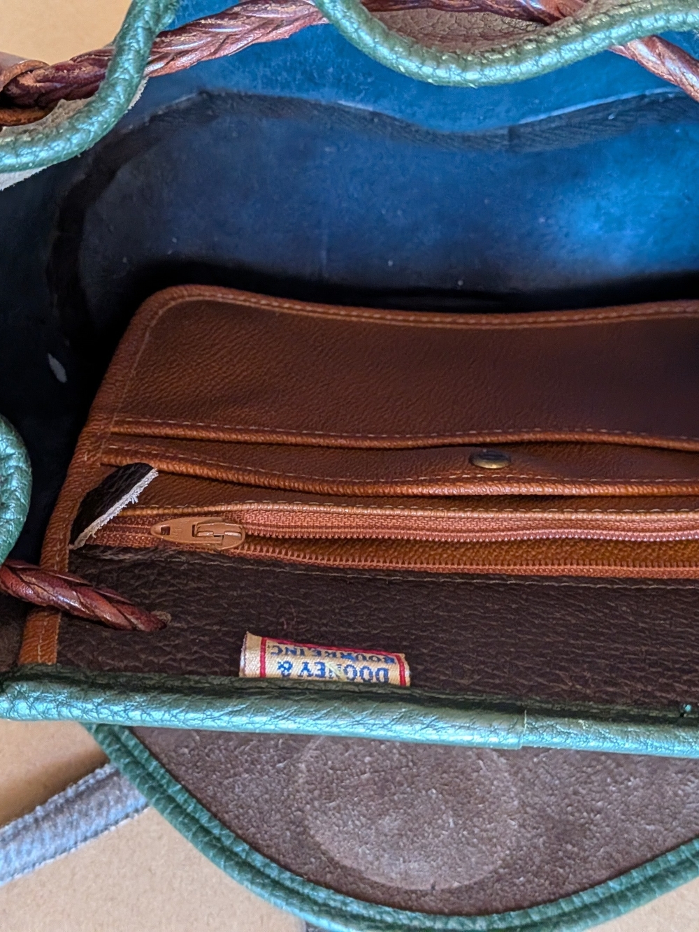 Dooney & Bourke Pebbled Blue Leather Saddle Bag with Green Trim - Picture 3 of 9